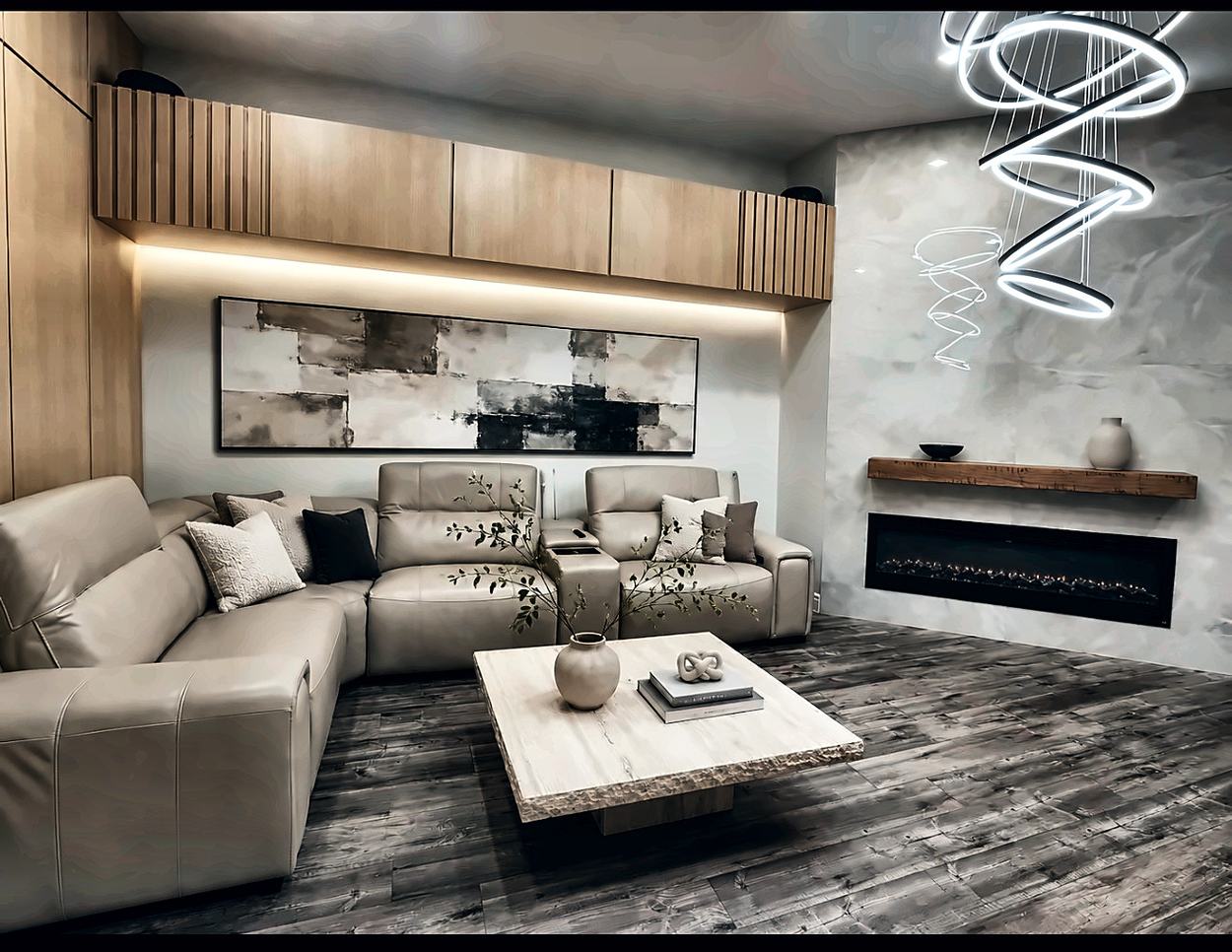 Great room with slatted oak upper cabinetry, concealed cove lighting, a slab fireplace wall and a solid timber mantel