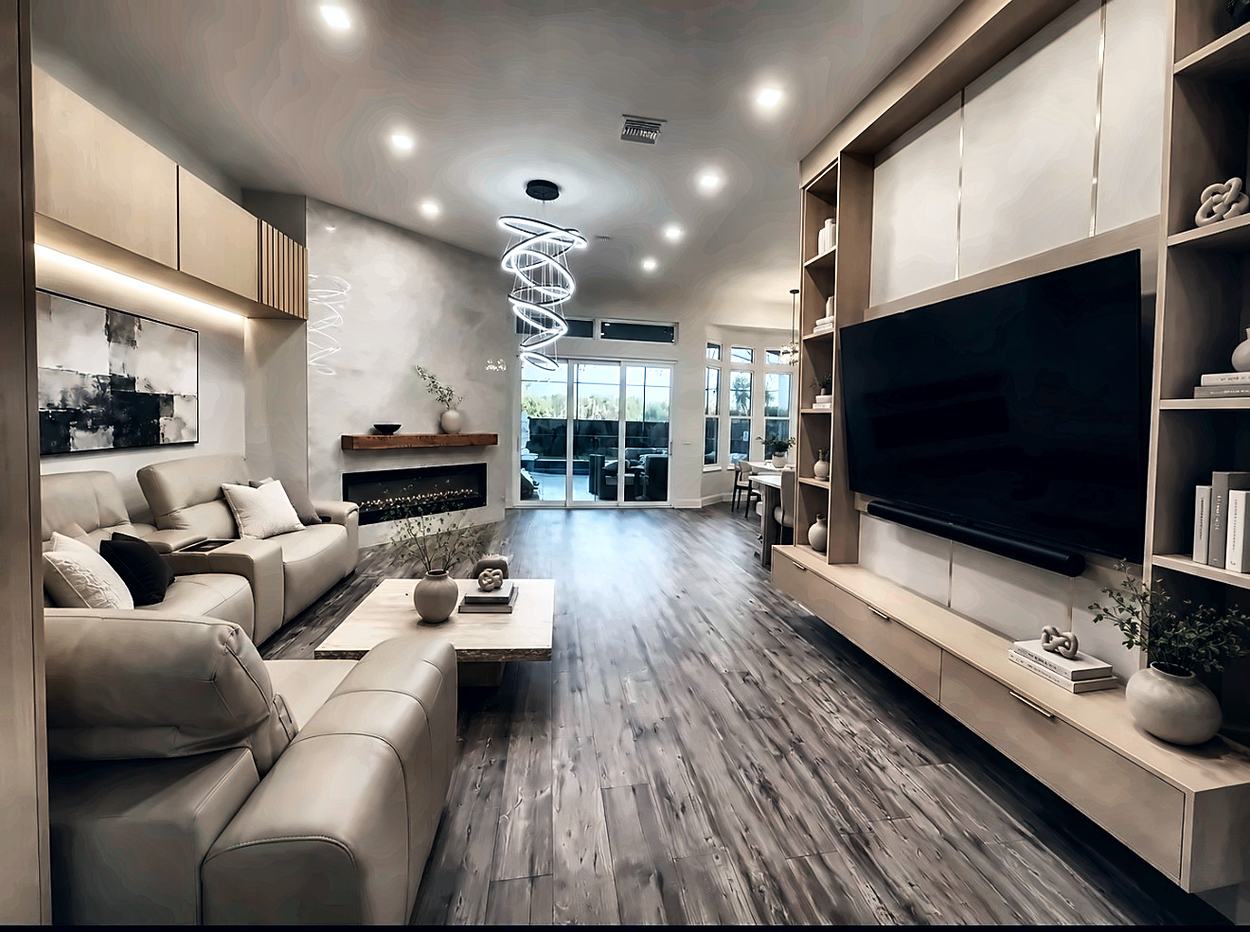 Full-height media wall in timber with illuminated display niches and metal reveals